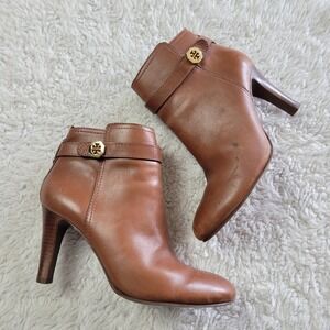 Tory Burch Bristol Soft Leather Booties Ankle Boots Women's 8 Brown Gold Heels